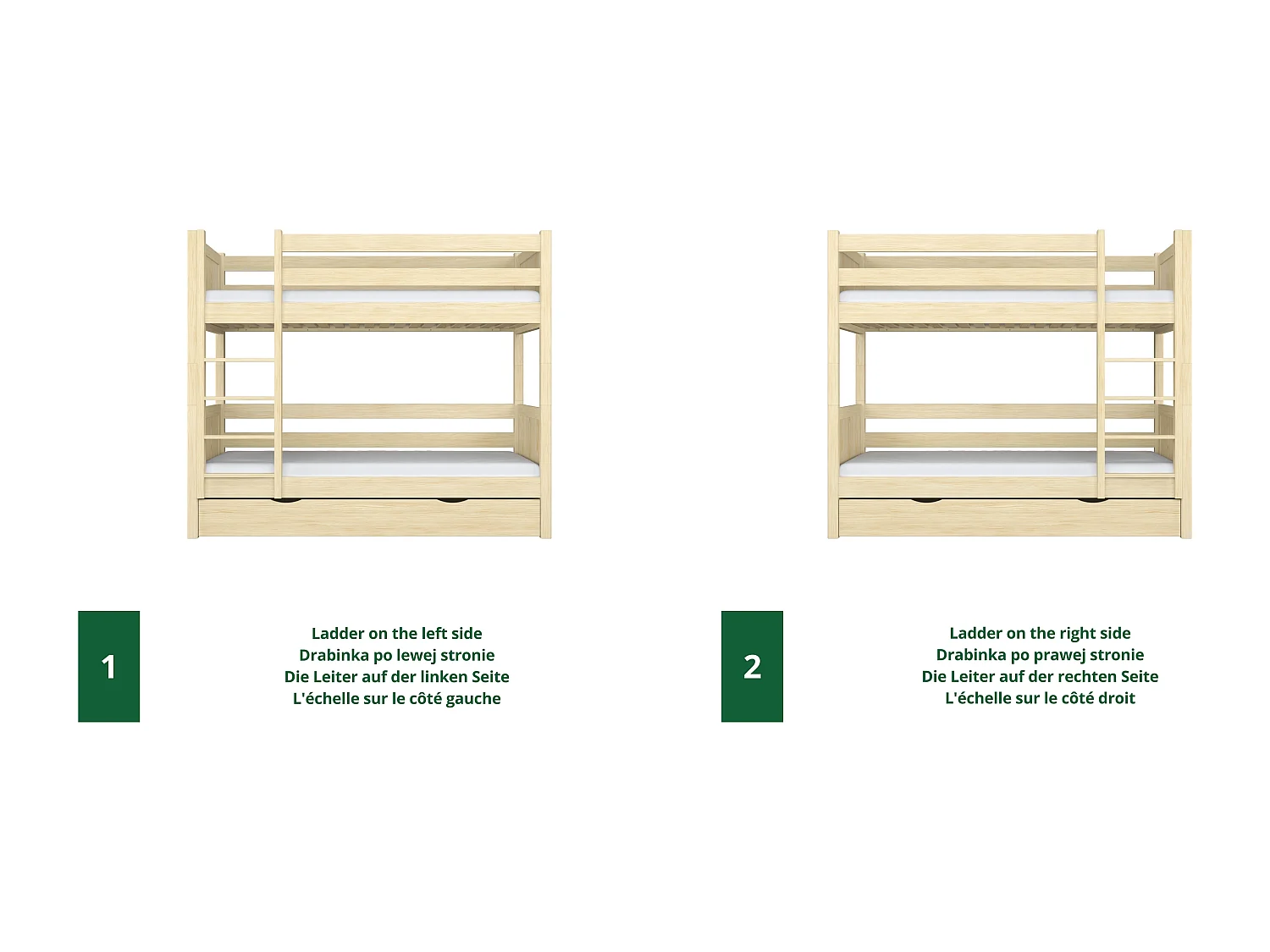 Lit superposé en bois - avec tiroir pour matelas N02 Pin Clair 90x180