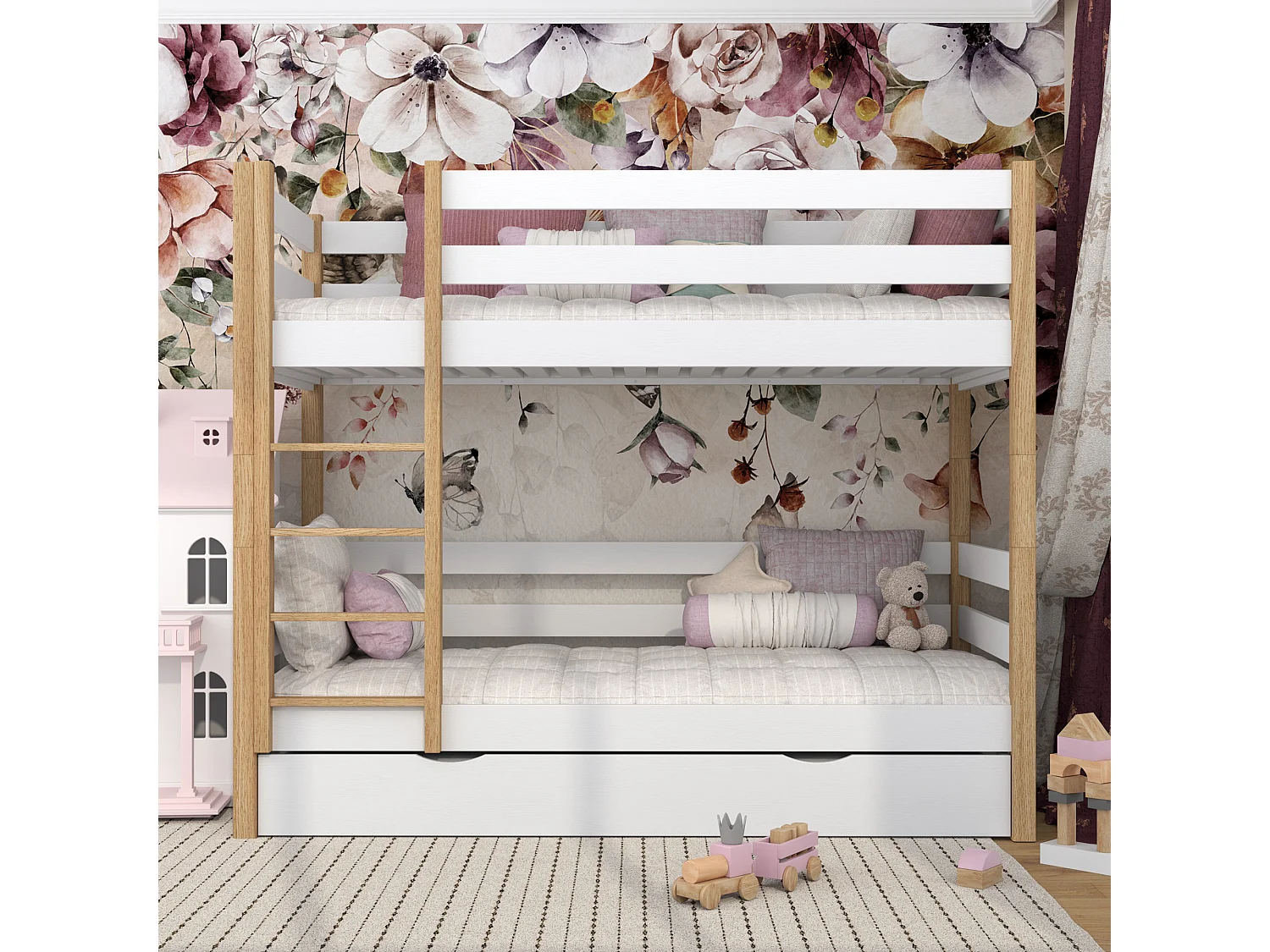 ETAGENBETT N01 mit Matratzenschublade Weiß / Eiche Natur 90x200