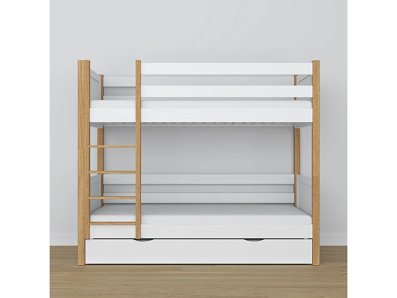 Lit superposé en bois - avec tiroir pour matelas N02 Blanc / Chêne Naturel 90x200