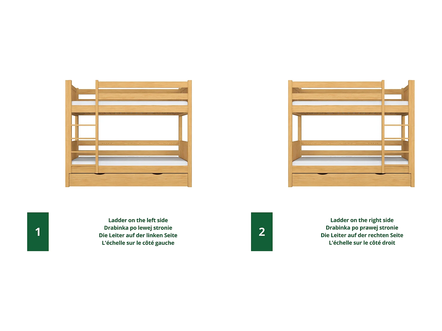 Lit superposé en bois - avec tiroir pour matelas N02 Pin Naturel 90x190