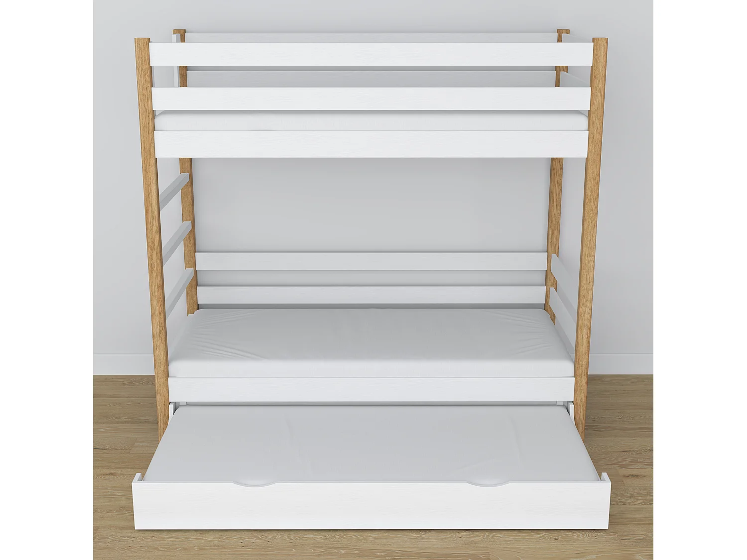Lit superposé en bois - avec tiroir pour matelas N03 Blanc / Chêne Naturel 90x200