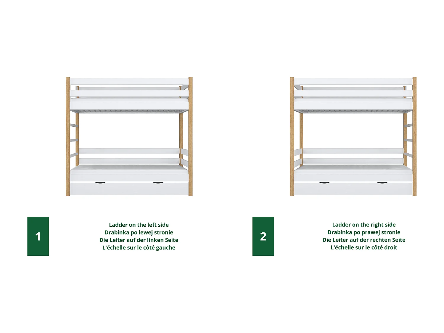 Lit superposé en bois - avec tiroir pour matelas N03 Blanc / Chêne Naturel 90x200