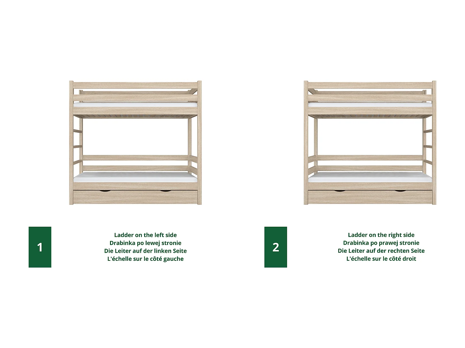 Lit superposé en chêne - avec tiroir pour matelas N03 Chêne Blanchi 120x180