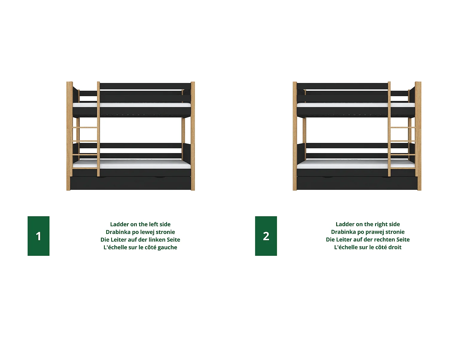 Lit superposé en bois - avec tiroir pour matelas N02 Noir / Chêne Naturel 100x180