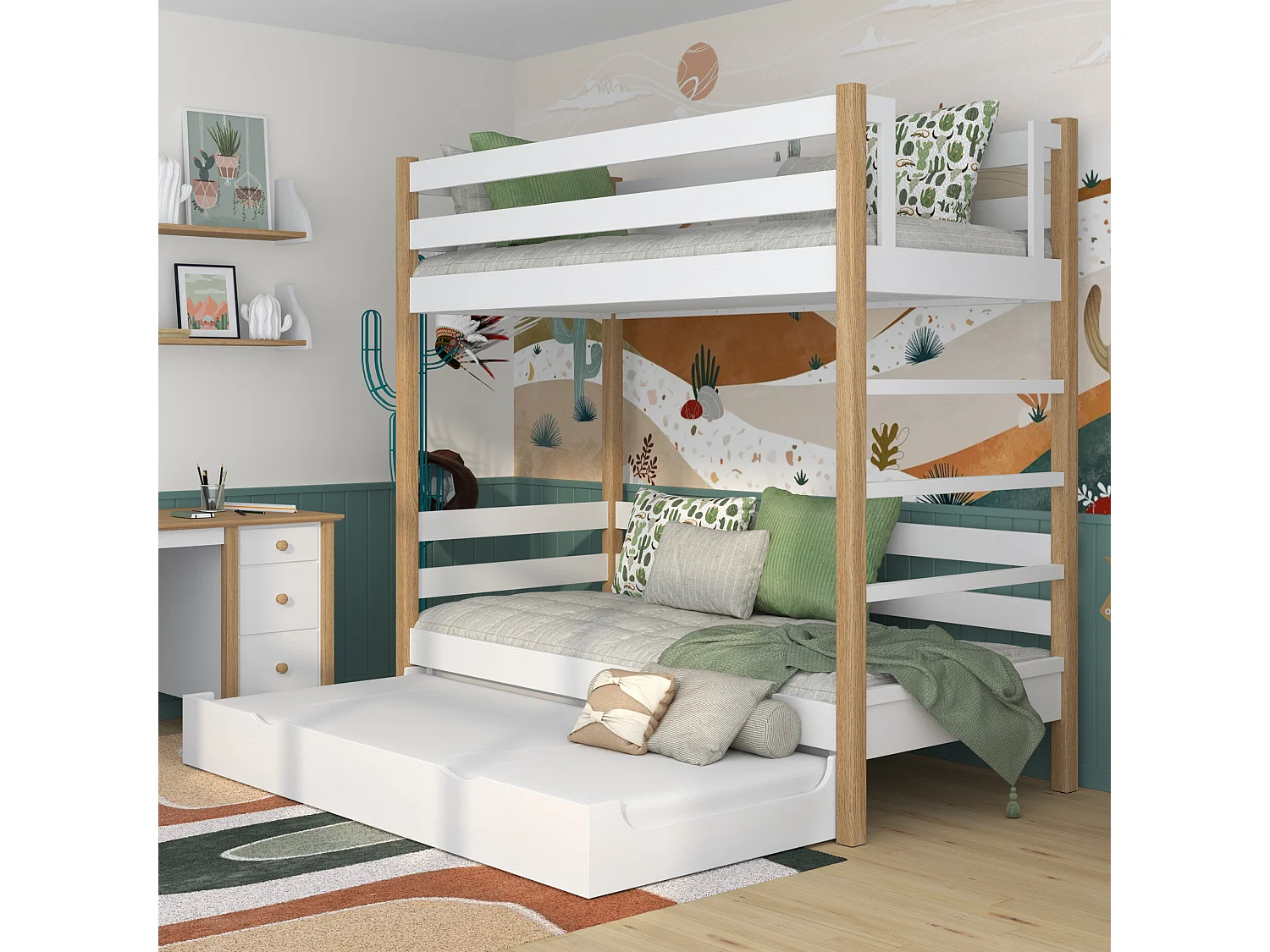 ETAGENBETT N03 mit Matratzenschublade Weiß / Eiche Natur 100x190