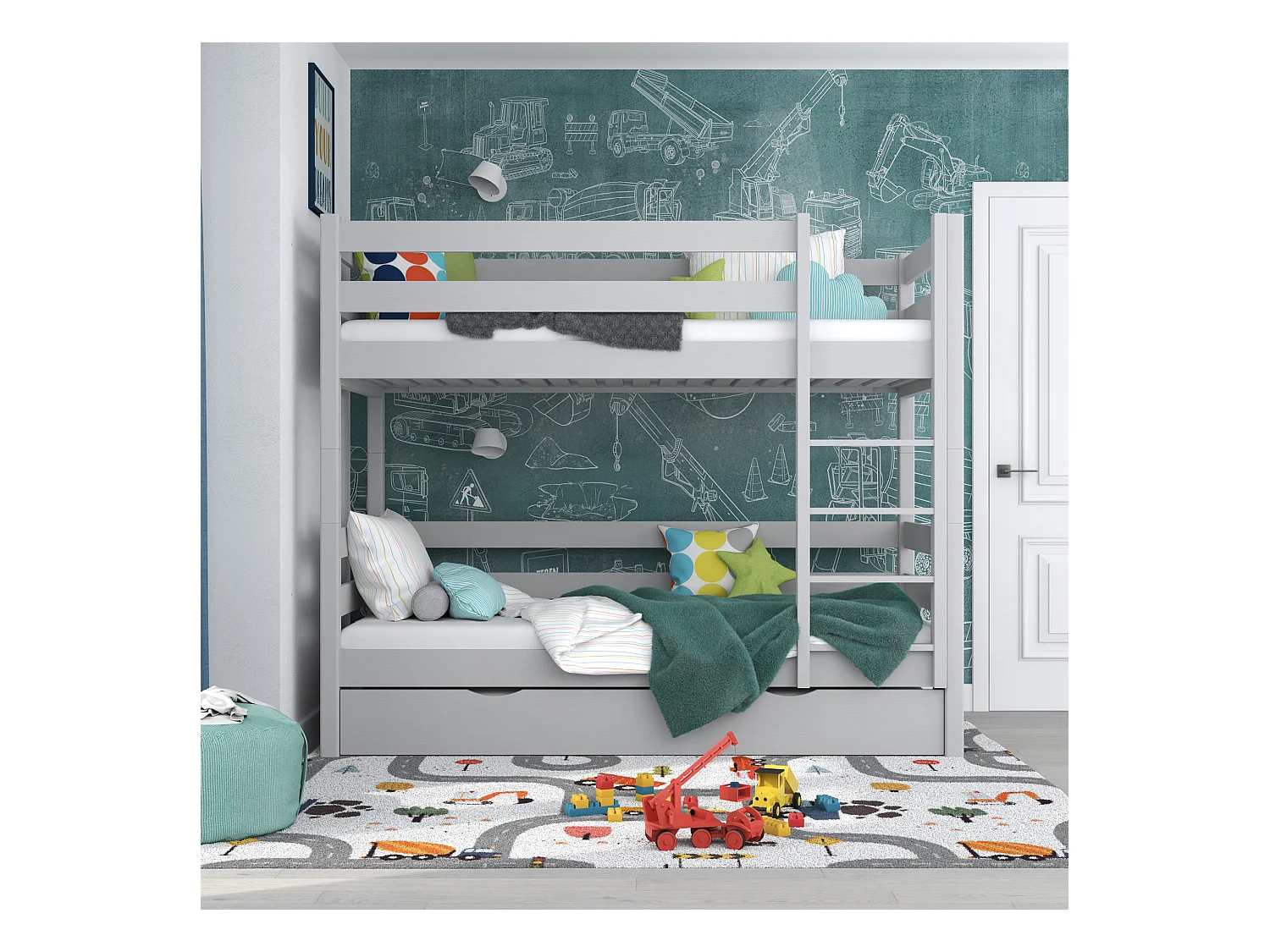 Lit superposé en bois - avec tiroir pour matelas N01 Gris 80x180