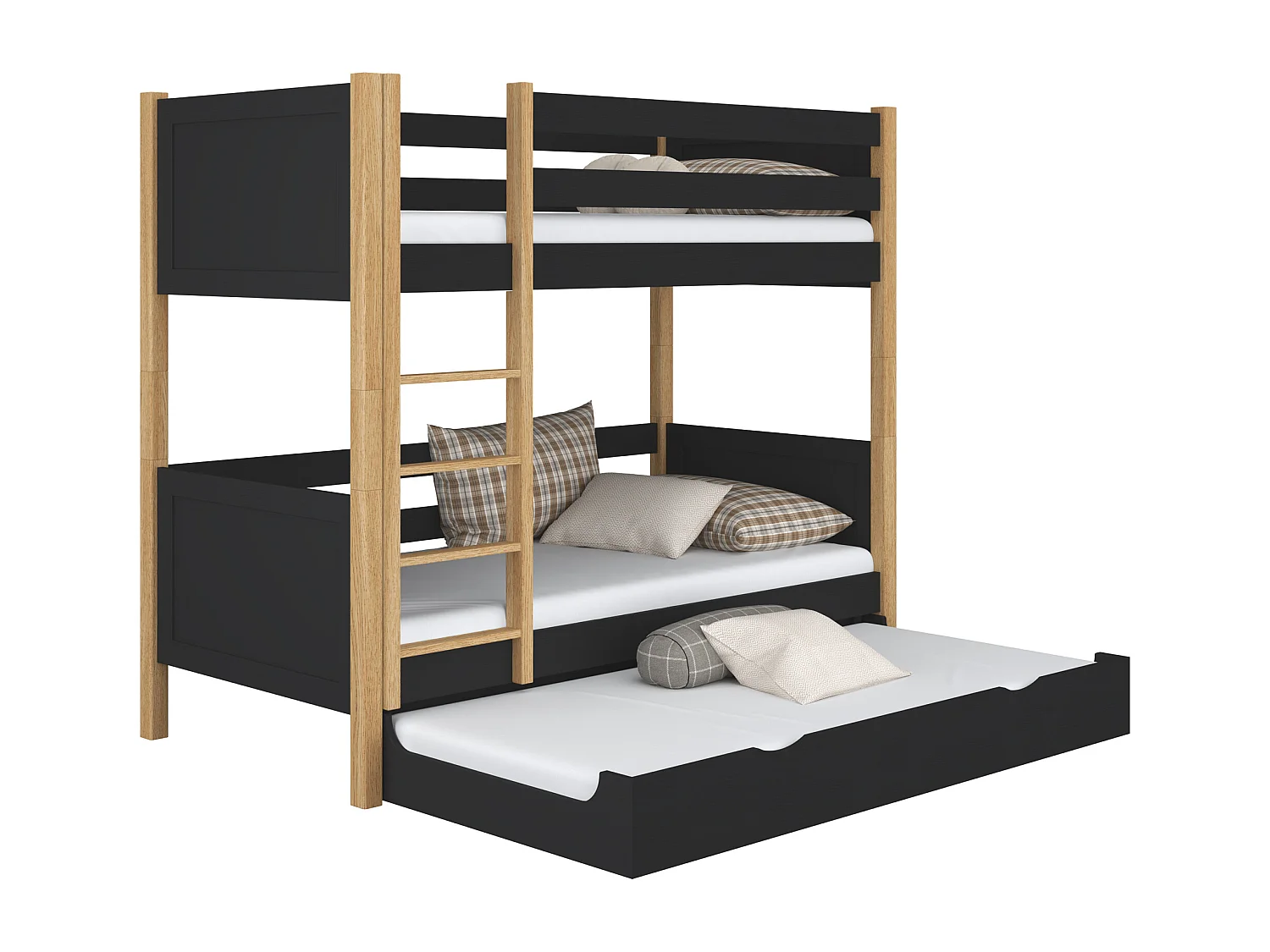 Lit superposé en bois - avec tiroir pour matelas N02 Noir / Chêne Naturel 80x180