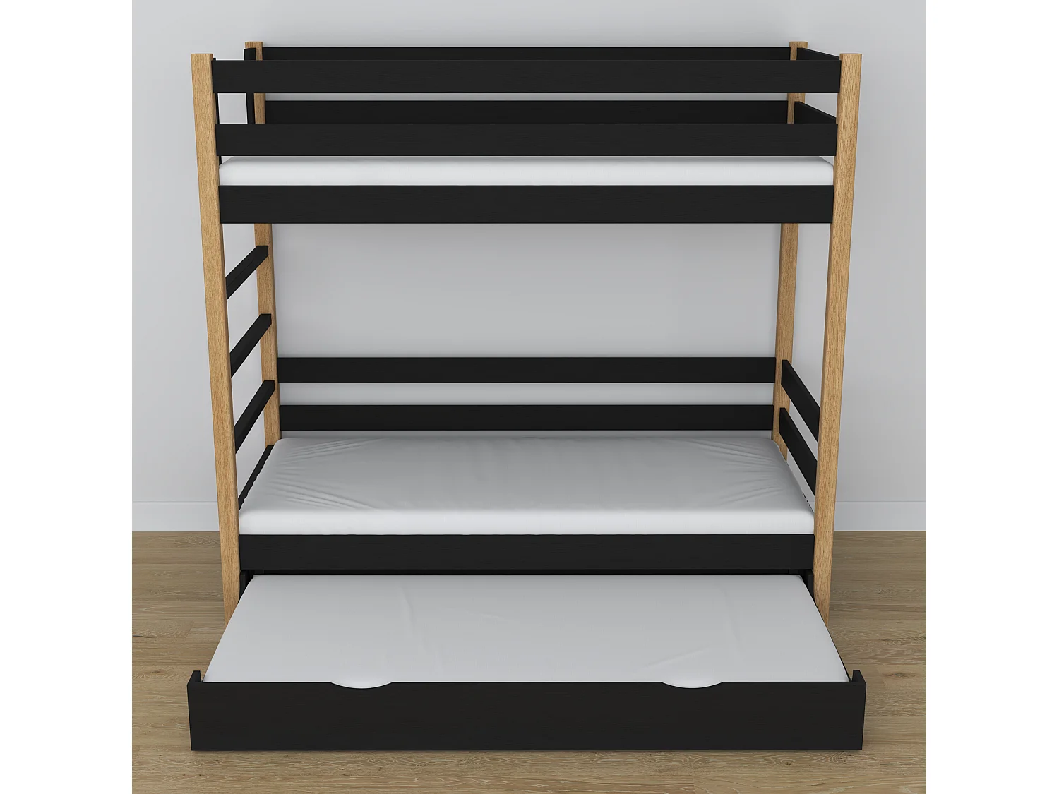 Lit superposé en bois - avec tiroir pour matelas N03 Noir / Chêne Naturel 100x190