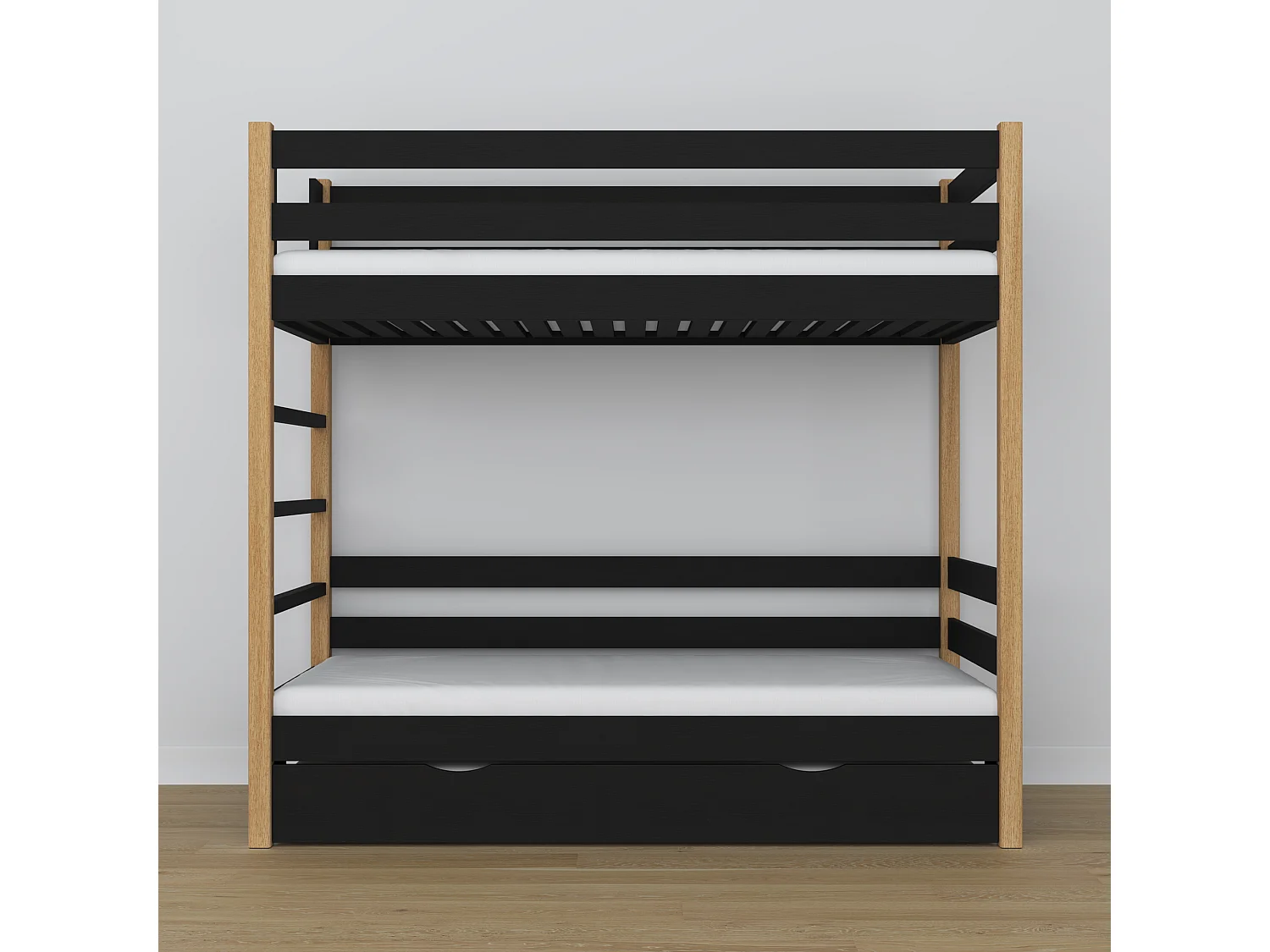 Lit superposé en bois - avec tiroir pour matelas N03 Noir / Chêne Naturel 100x190