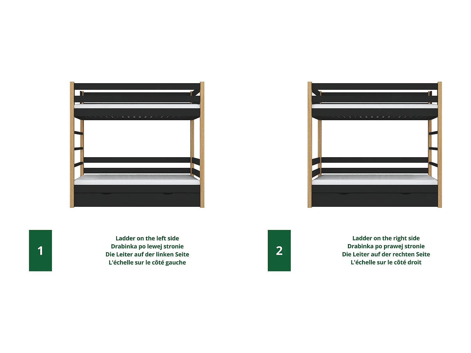 Lit superposé en bois - avec tiroir pour matelas N03 Noir / Chêne Naturel 100x190