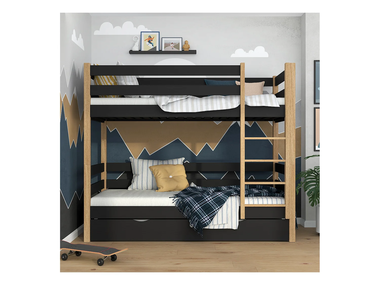 ETAGENBETT N01 mit Matratzenschublade Schwarz / Eiche Natur 90x200