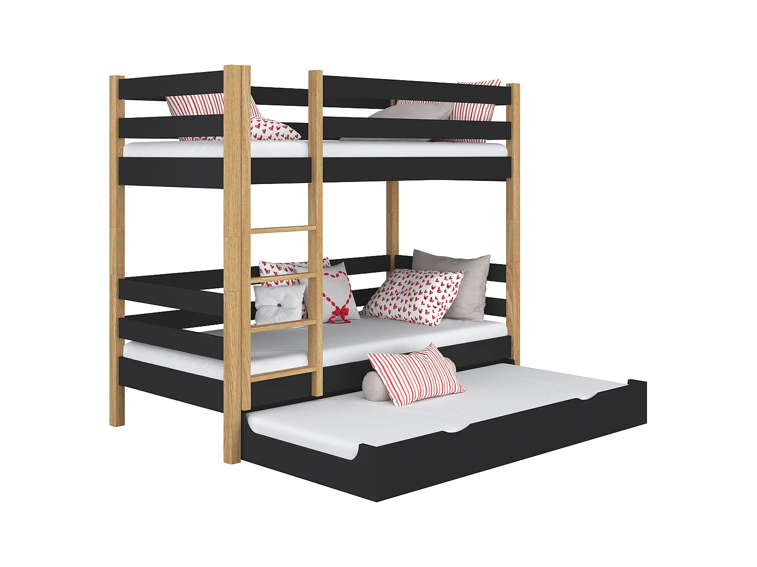 ETAGENBETT N01 mit Matratzenschublade Schwarz / Eiche Natur 90x200