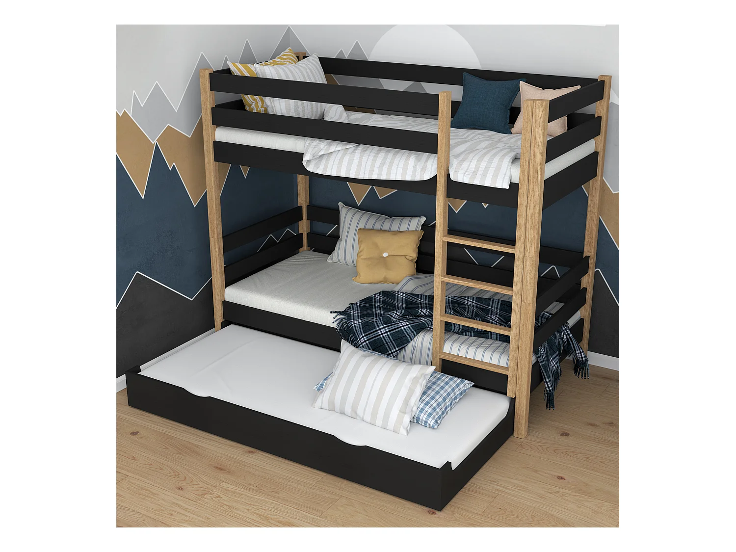 ETAGENBETT N01 mit Matratzenschublade Schwarz / Eiche Natur 90x200