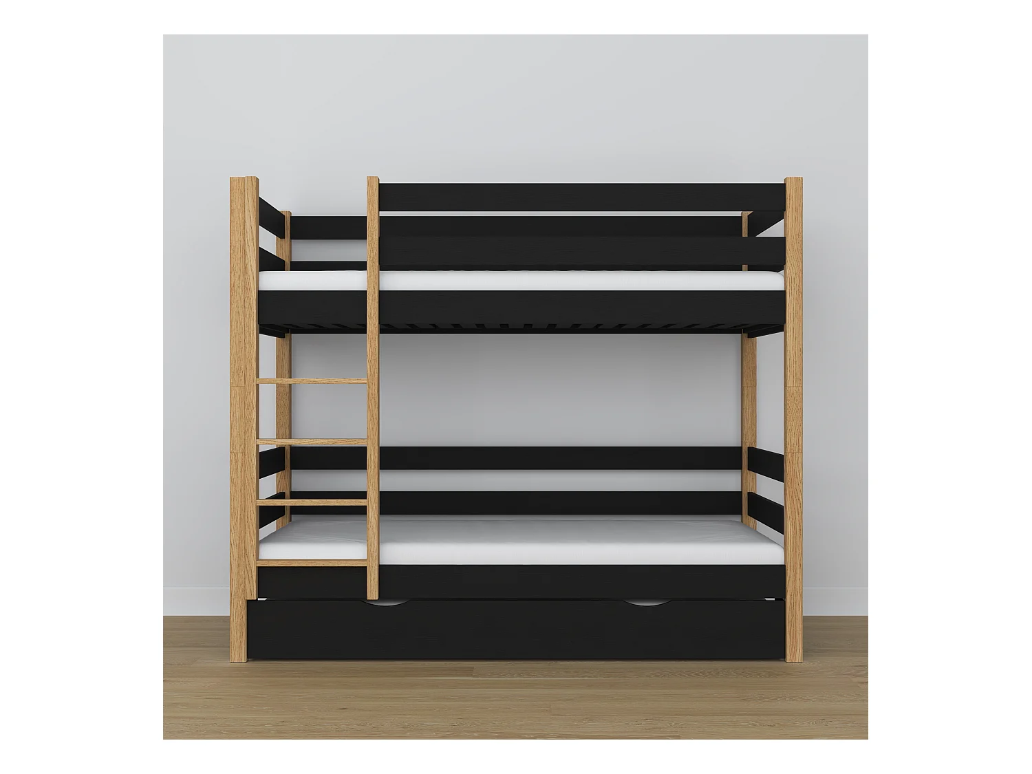 ETAGENBETT N01 mit Matratzenschublade Schwarz / Eiche Natur 90x200
