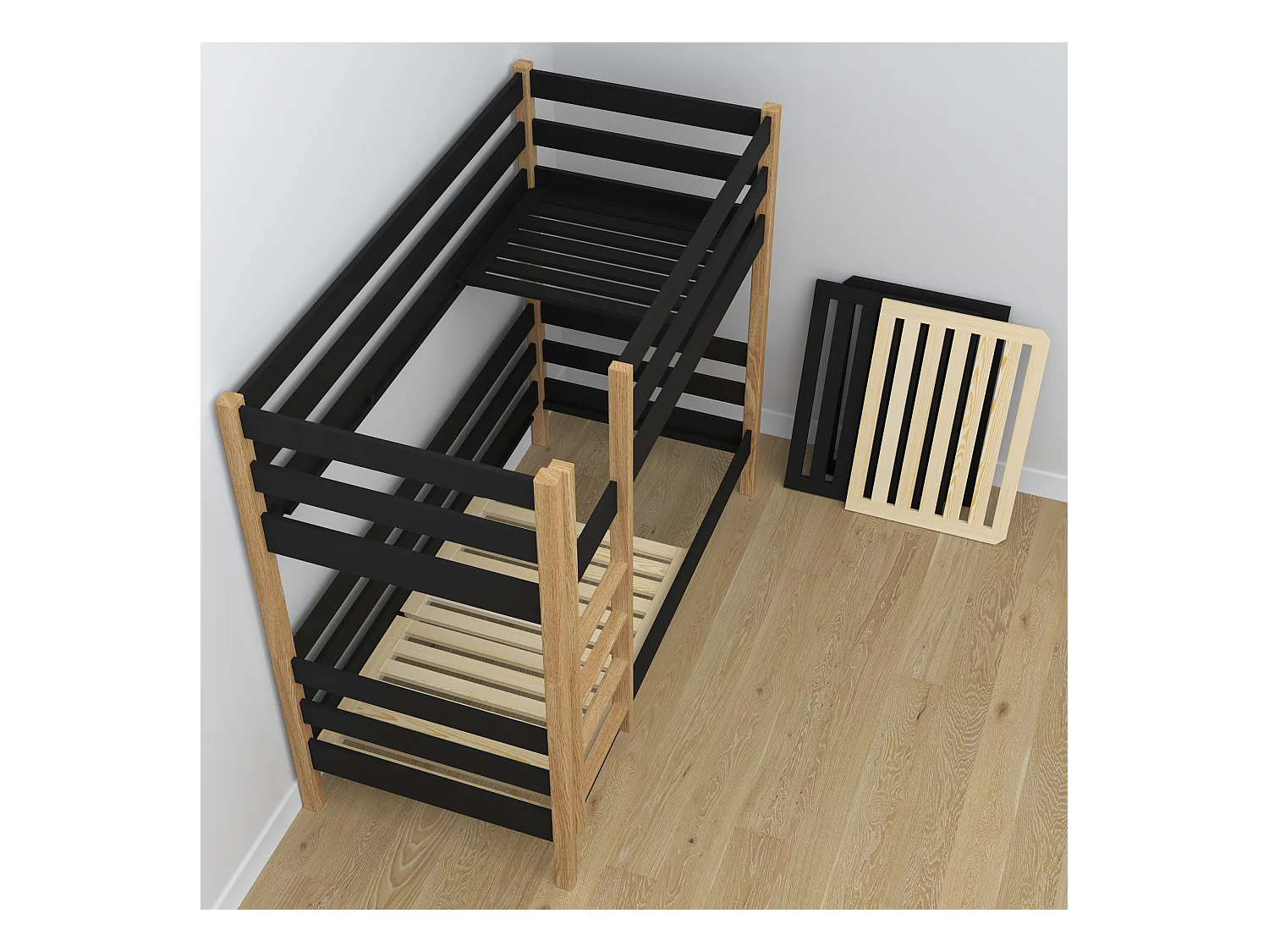 ETAGENBETT N01 mit Matratzenschublade Schwarz / Eiche Natur 90x200