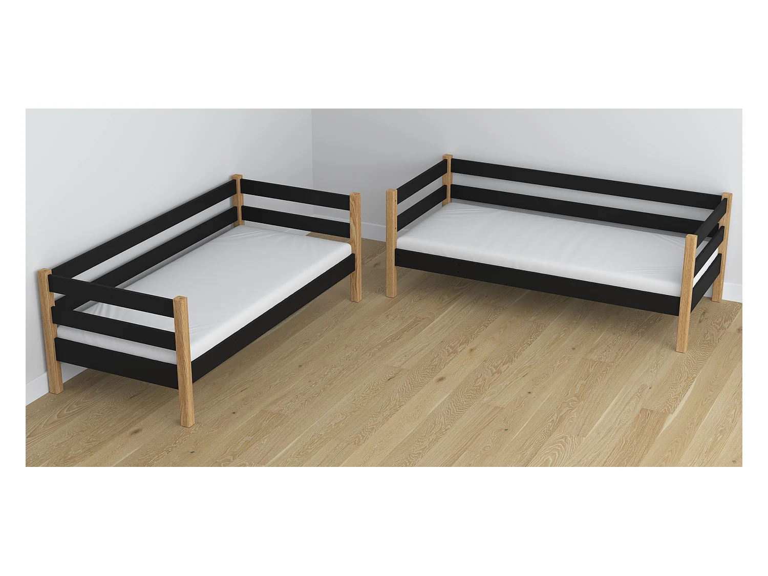 ETAGENBETT N01 mit Matratzenschublade Schwarz / Eiche Natur 90x200