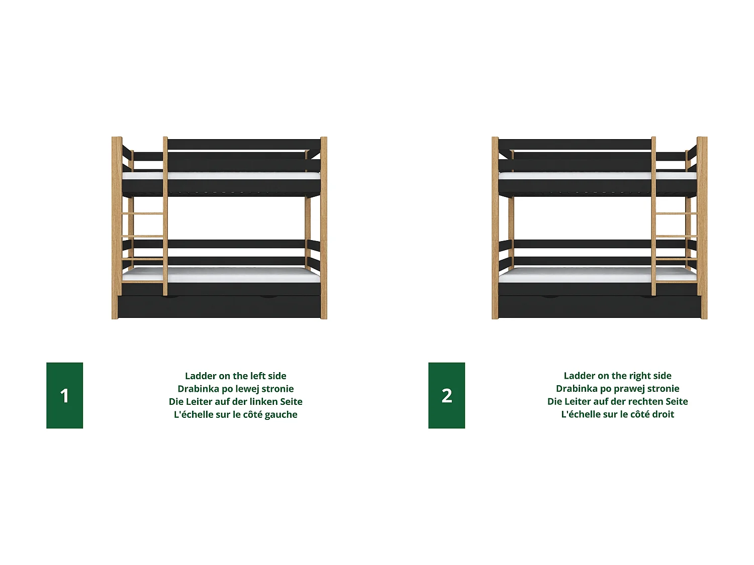 Lit superposé en bois - avec tiroir pour matelas N01 Noir / Chêne Naturel 80x200