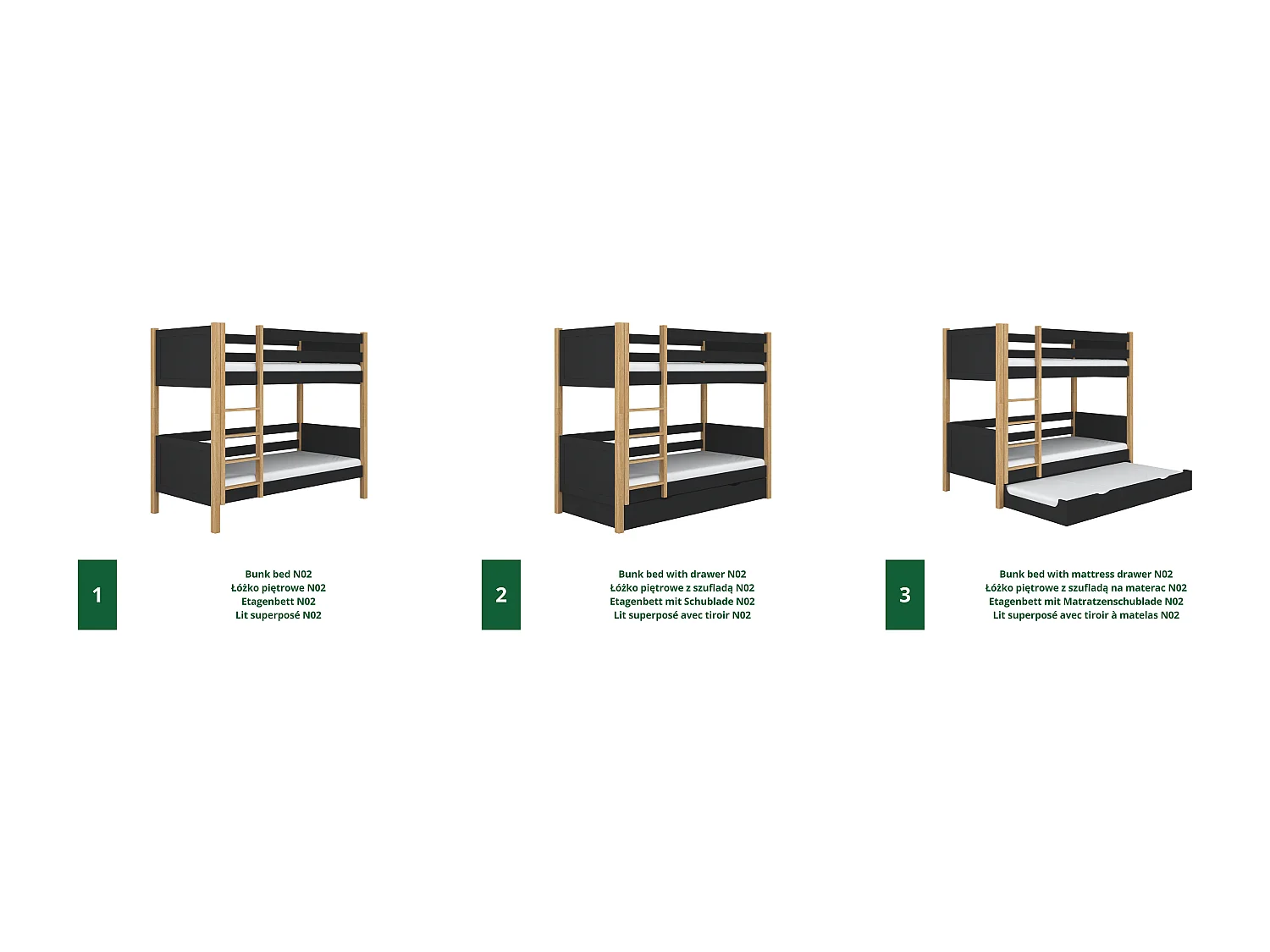 Lit superposé en bois - avec tiroir pour matelas N02 Noir / Chêne Naturel 120x200