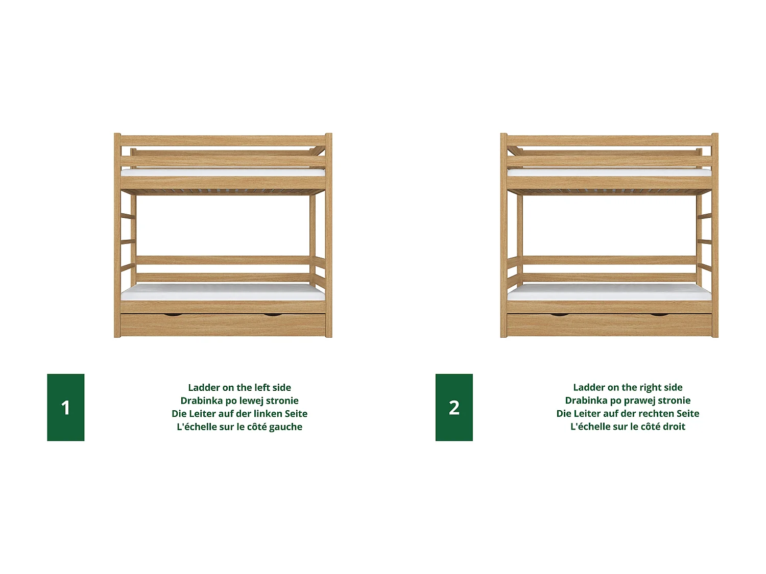 Lit superposé en chêne - avec tiroir pour matelas N03 Chêne Naturel 80x180