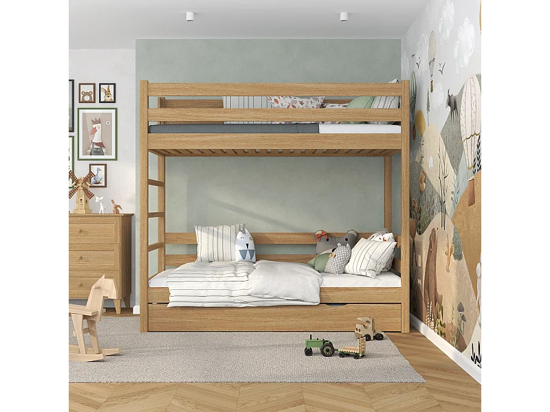 Lit superposé en chêne - avec tiroir pour matelas N03 Chêne Naturel 80x180