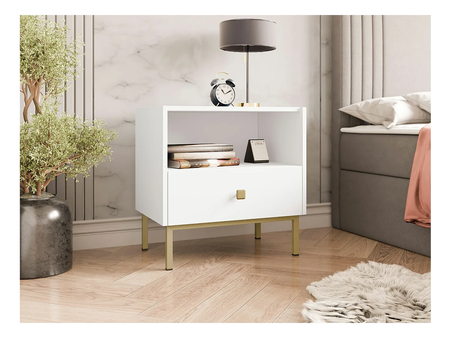 Table de chevet Comfivo Nunove 105, Blanc, 56x55x39cm, Stratifié