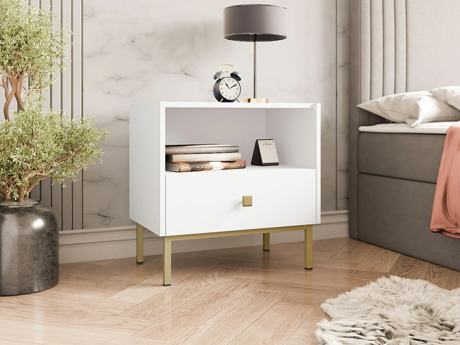 Table de chevet Comfivo Nunove 105, Blanc, 56x55x39cm, Stratifié