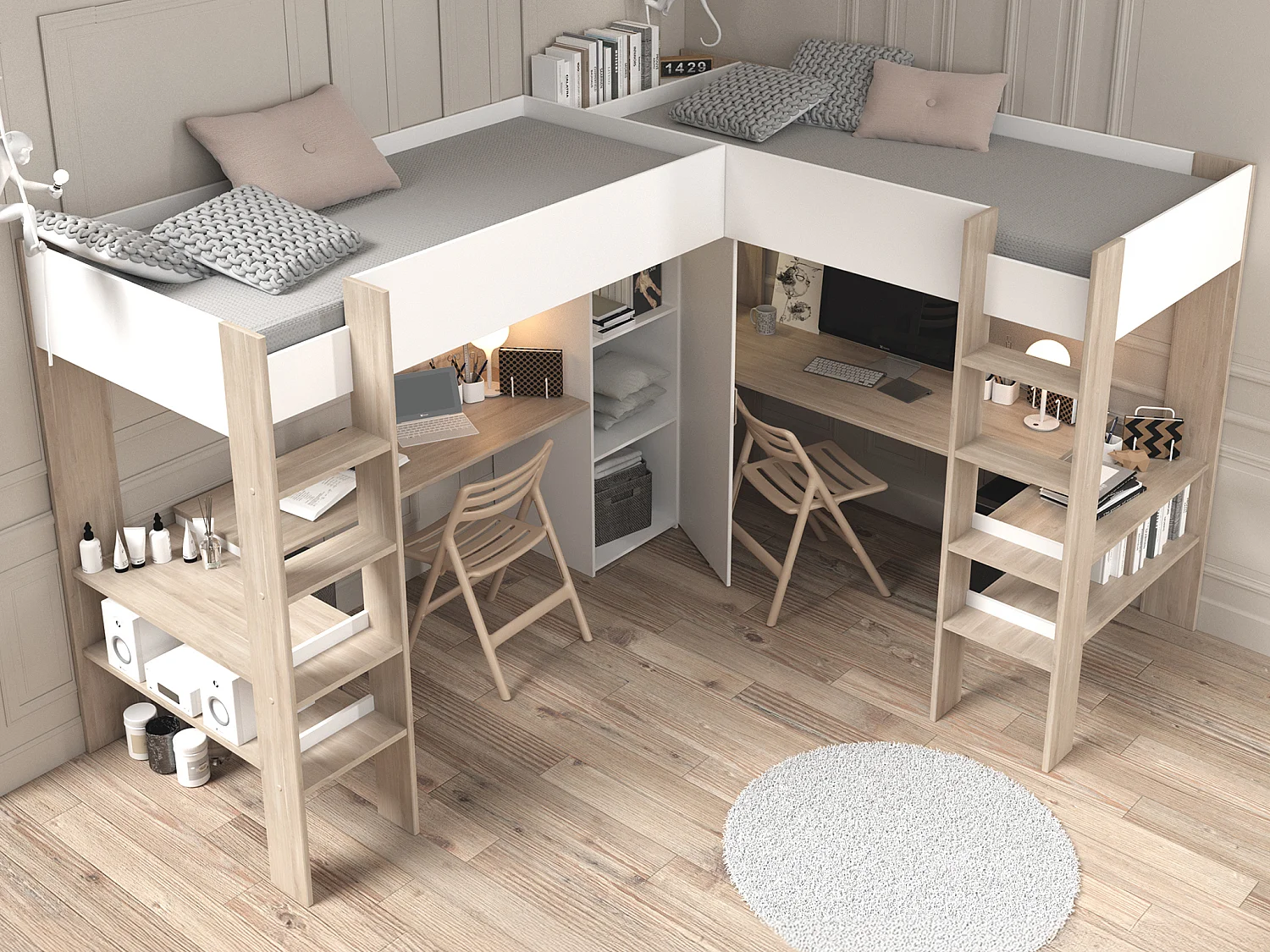 Doppel-Eckhochbett mit Stauraum & Schreibtisch - 2 x 90 x 200 cm - Weiß & Holzfarben - LASCANO