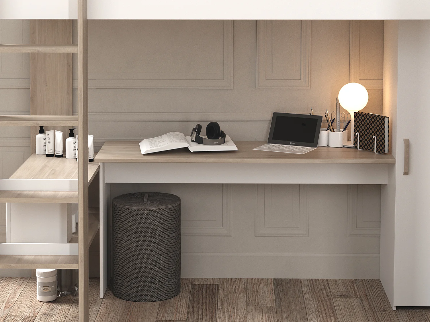 Doppel-Eckhochbett mit Stauraum & Schreibtisch - 2 x 90 x 200 cm - Weiß & Holzfarben - LASCANO