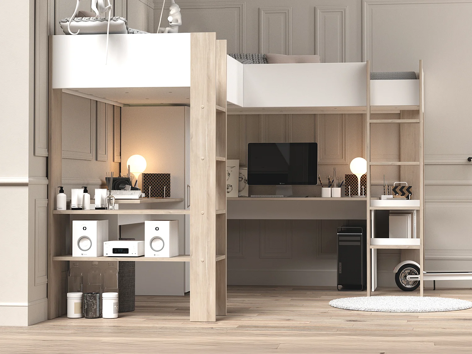 Double lit mezzanine d'angle 2 x 90 x 200 cm - Avec rangements et bureaux - Blanc et naturel - LASCANO