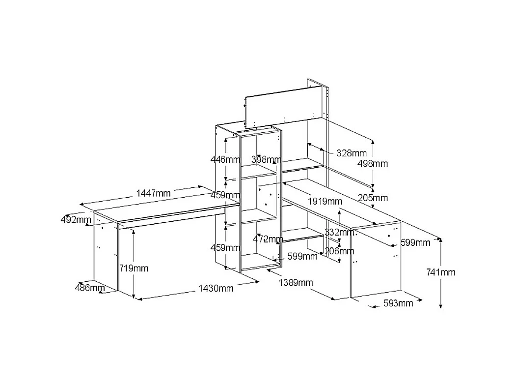 Doppel-Eckhochbett mit Stauraum & Schreibtisch - 2 x 90 x 200 cm - Weiß & Holzfarben - LASCANO