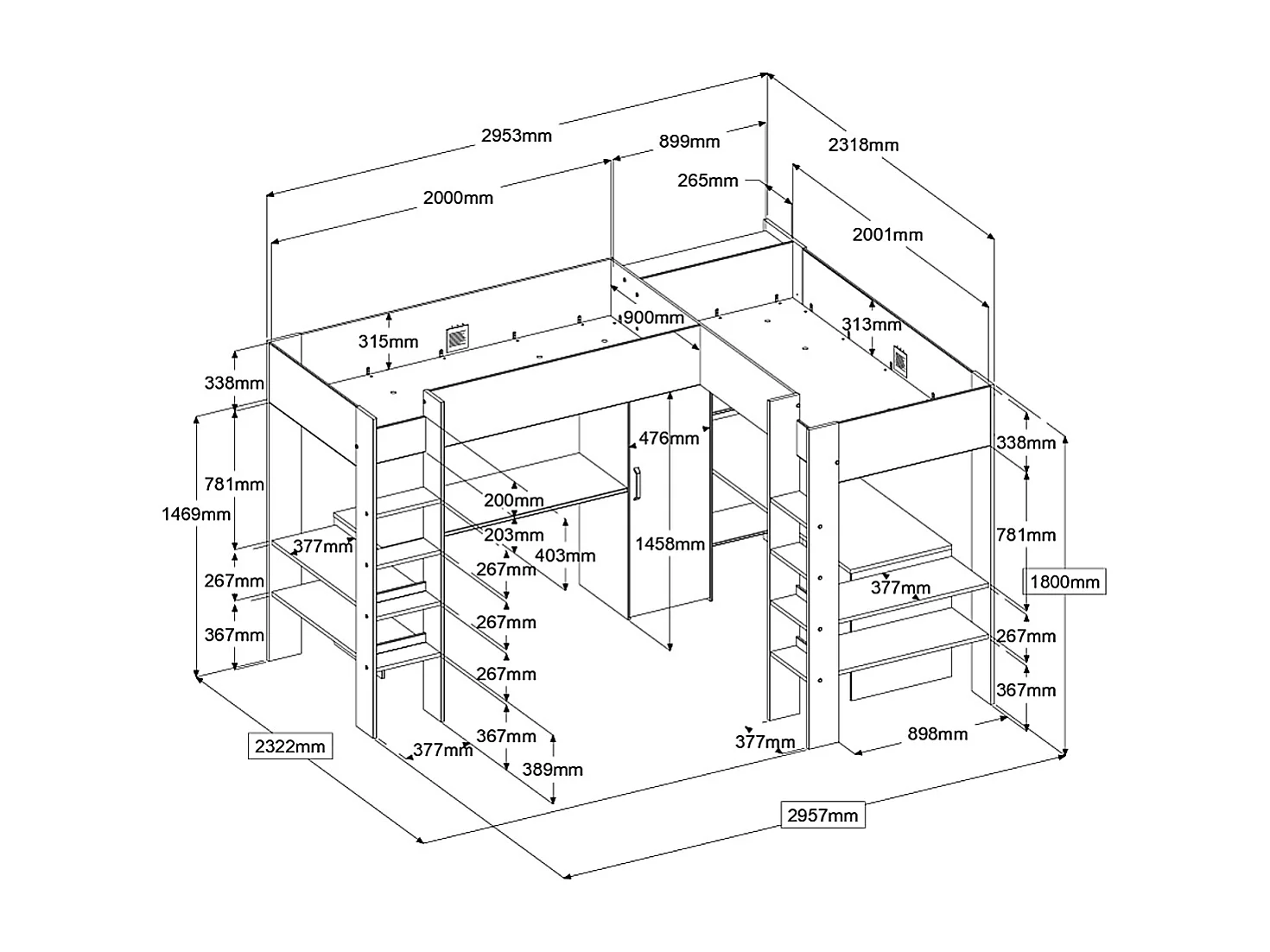 Doppel-Eckhochbett mit Stauraum & Schreibtisch - 2 x 90 x 200 cm - Weiß & Holzfarben - LASCANO