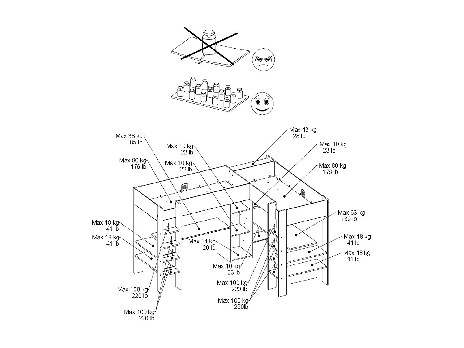 Doppel-Eckhochbett mit Stauraum & Schreibtisch - 2 x 90 x 200 cm - Weiß & Holzfarben - LASCANO