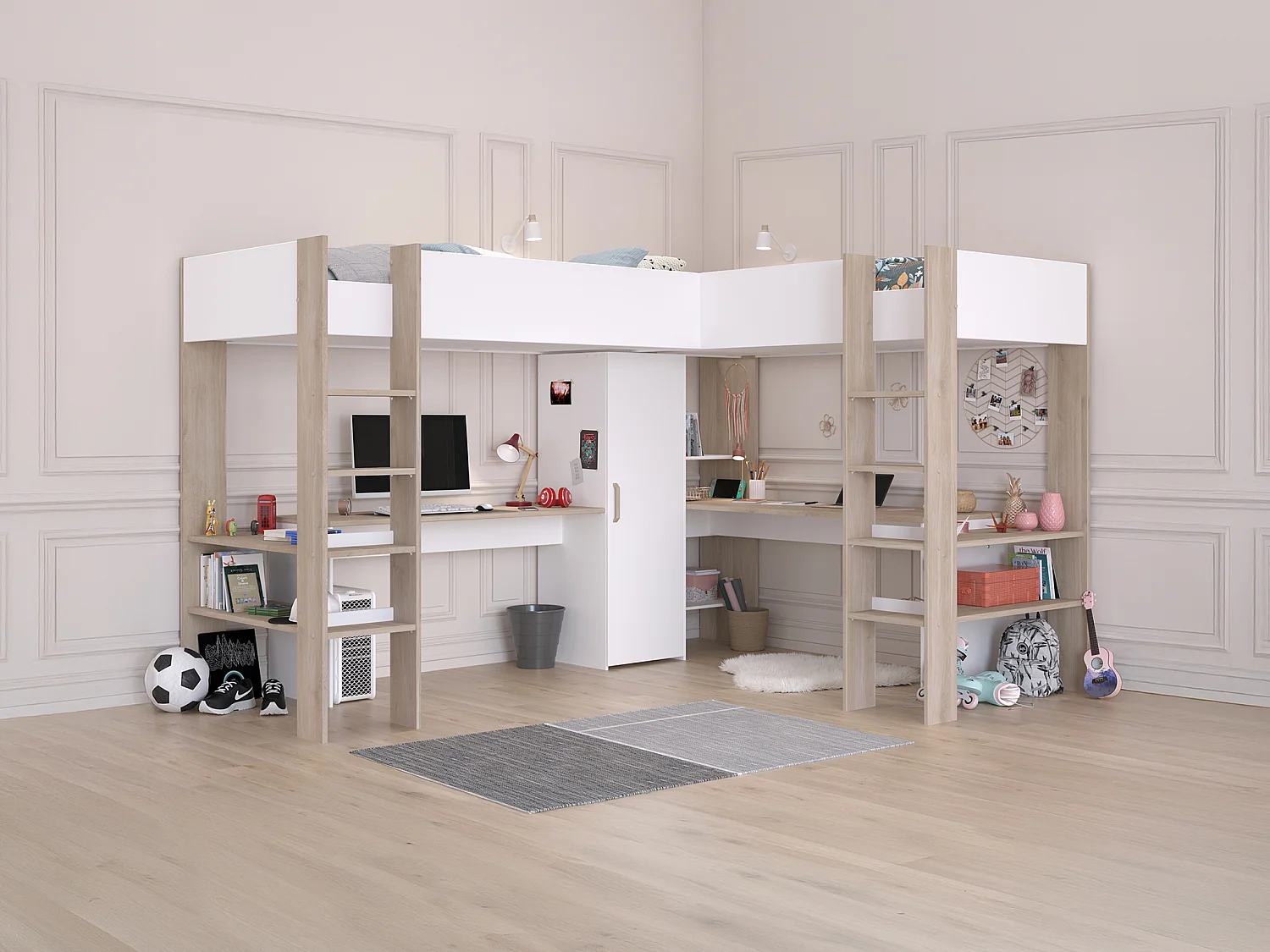 Double lit mezzanine d'angle 2 x 90 x 200 cm - Avec rangements et bureaux - Blanc et naturel - LASCANO
