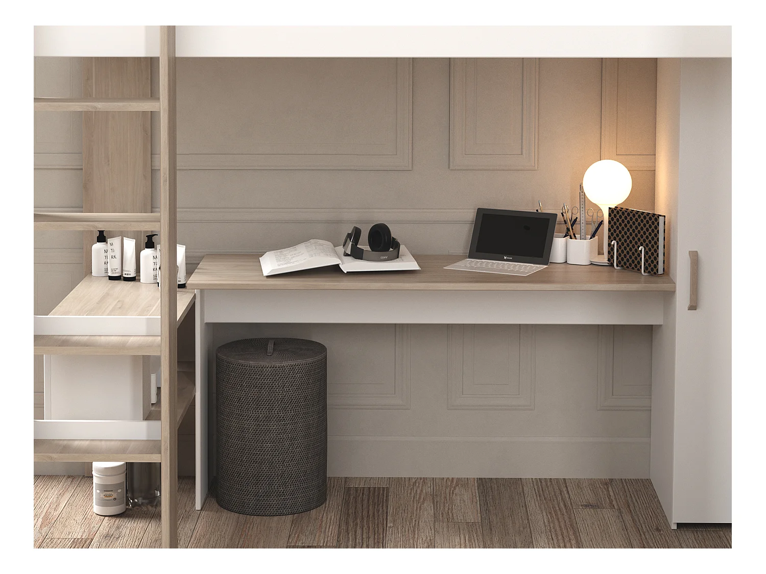 Double lit mezzanine d'angle 2 x 90 x 200 cm - Avec rangements et bureaux - Blanc et naturel - LASCANO