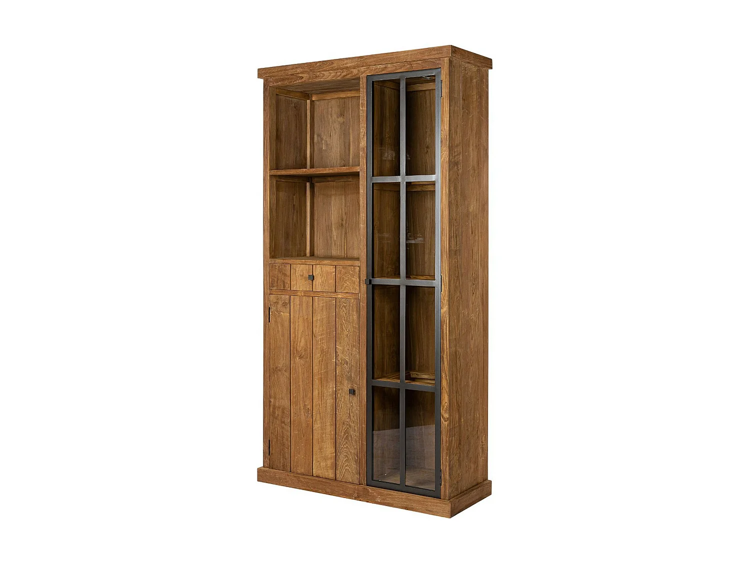 Vitrine en bois recyclé et métal 2 portes 2 tiroirs 2 niches ouverte - LINAS