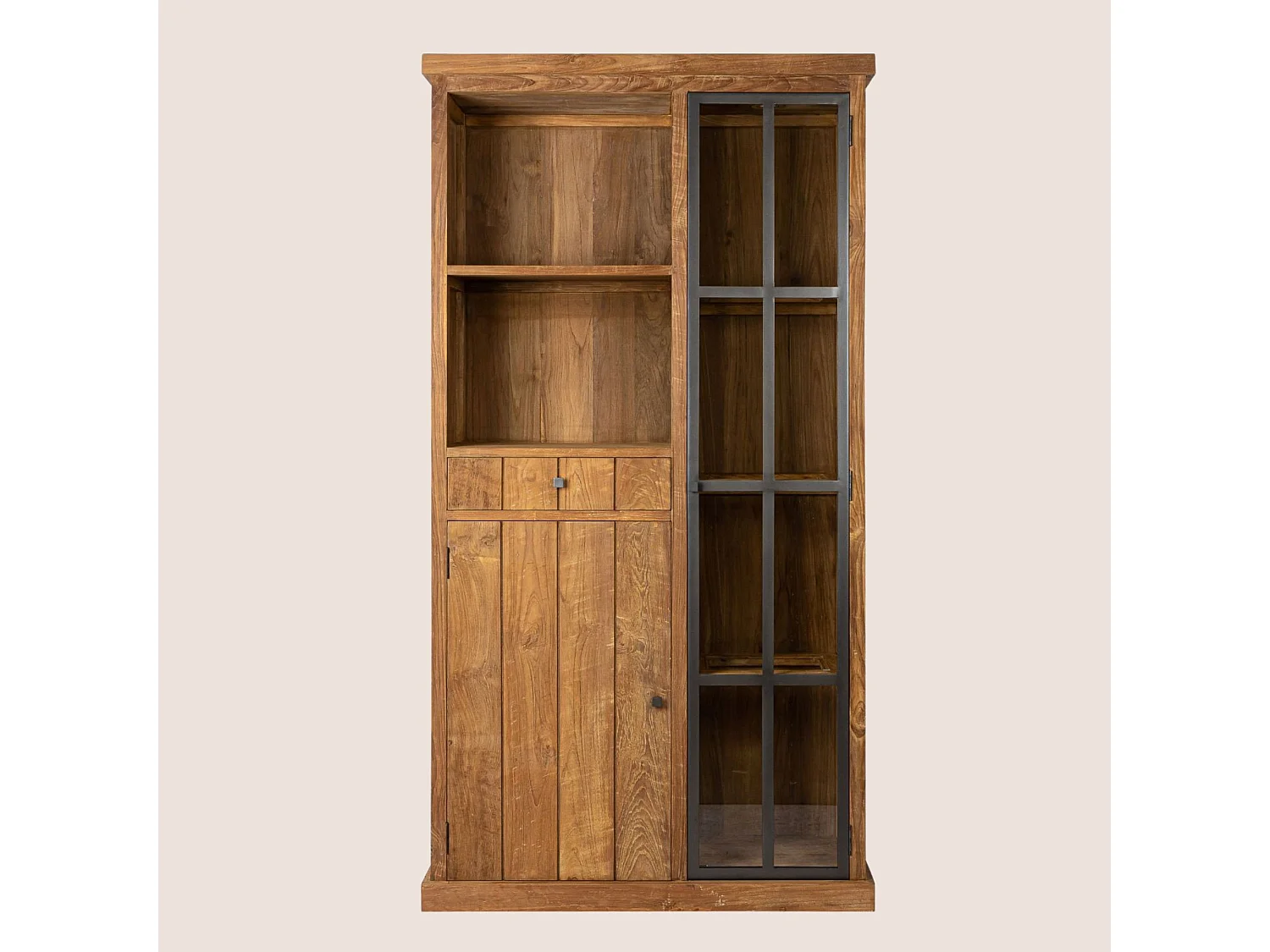 Vitrine en bois recyclé et métal 2 portes 2 tiroirs 2 niches ouverte - LINAS