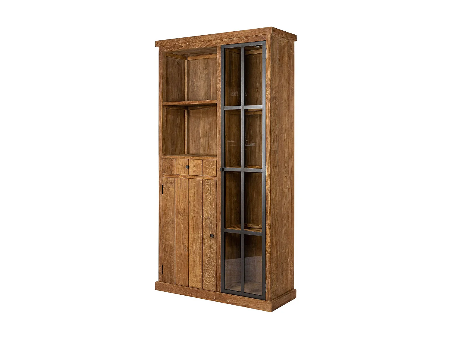 Vitrine en bois recyclé et métal 2 portes 2 tiroirs 2 niches ouverte - LINAS