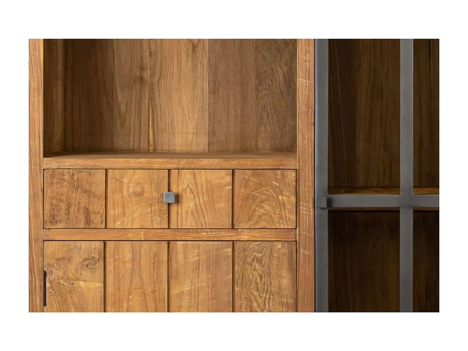 Vitrine en bois recyclé et métal 2 portes 2 tiroirs 2 niches ouverte - LINAS