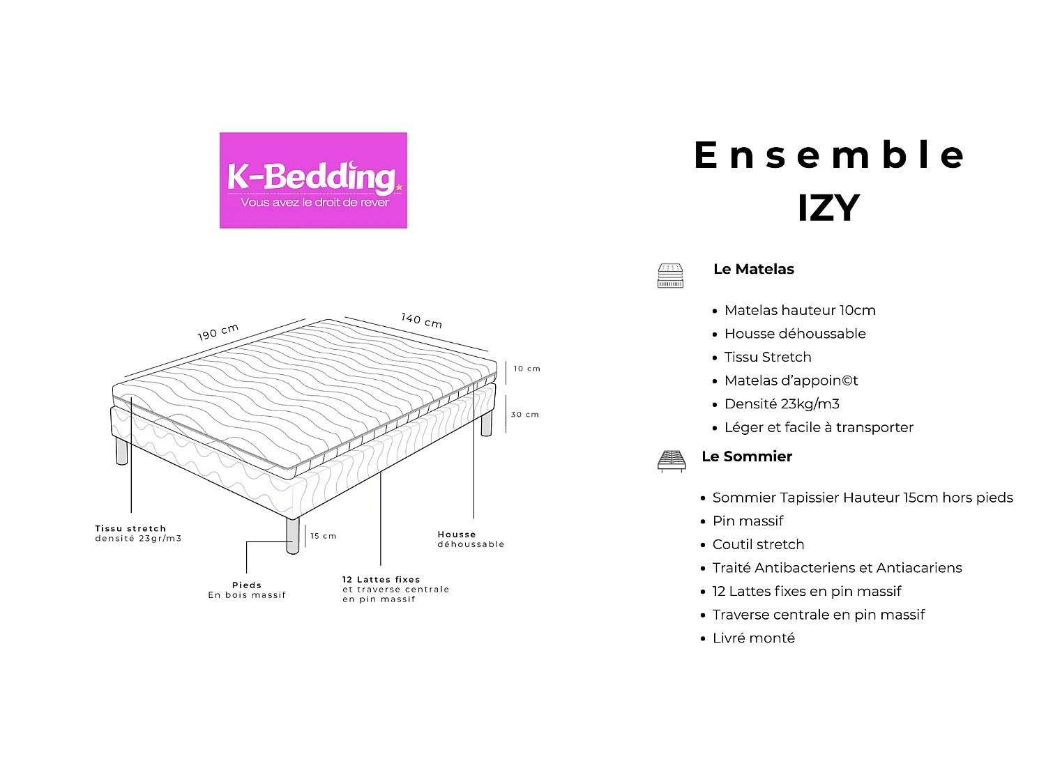 Ensemble IZY 140x190 cm Hauteur 10 cm Mousse Polyuréthane Housse Déhoussable avec Sommier TapissierSoutien équilibré