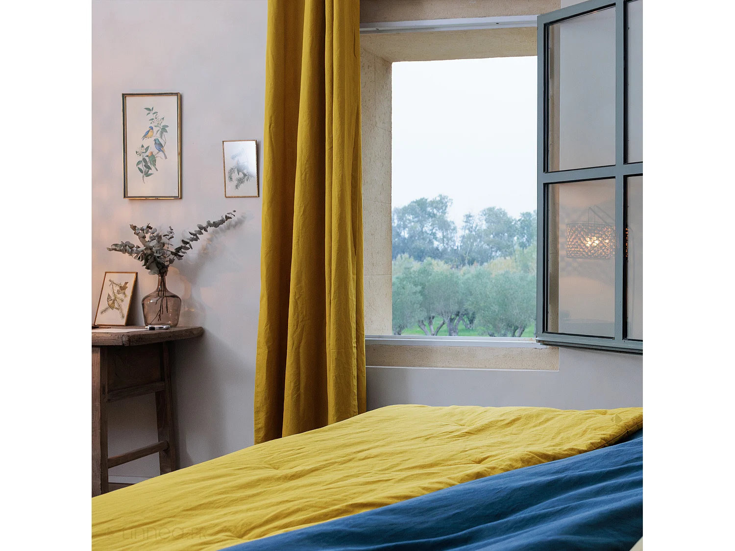 Rideau 8 œillets 140x280 cm OPERA DECO 50% lin et 50% coton jaune moutarde