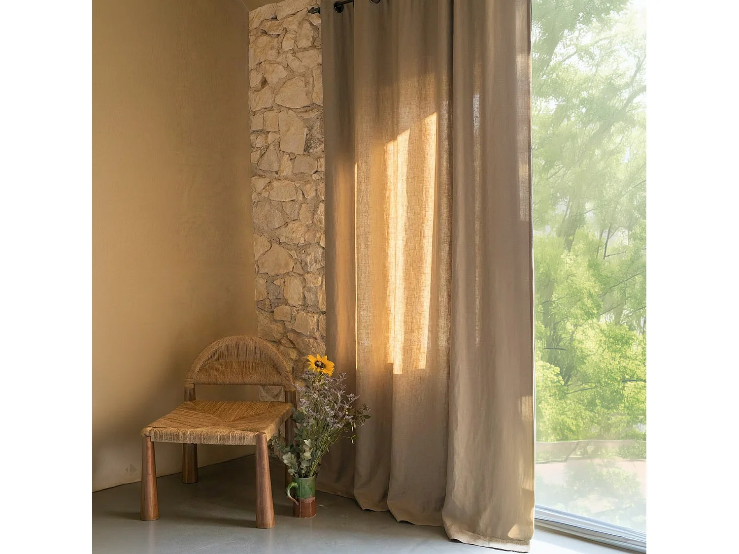 Rideau 8 œillets 140x280 cm OPERA DECO 50% lin et 50% coton marron camel
