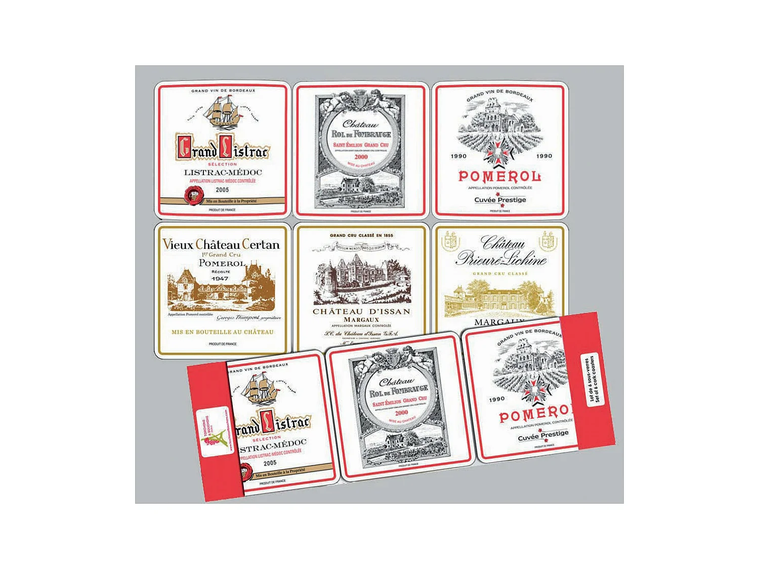 Lot de 6 sous-verres Bordeaux assortis 10 x 10 cm Winkler