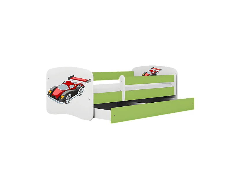 Cama de coche de carreras verde babydreams con cajón y colchón 160/80