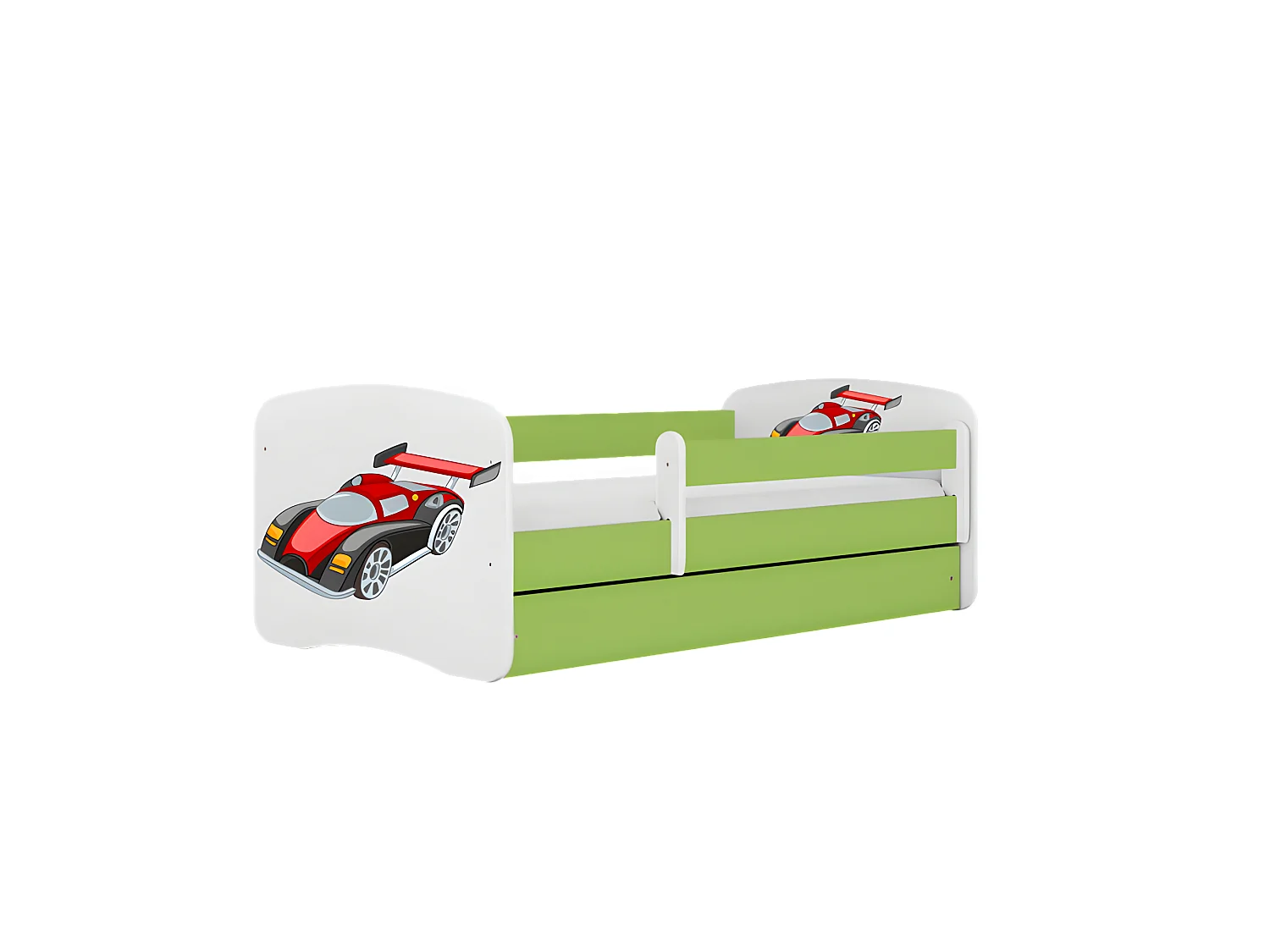 Cama de coche de carreras verde babydreams con cajón y colchón 160/80