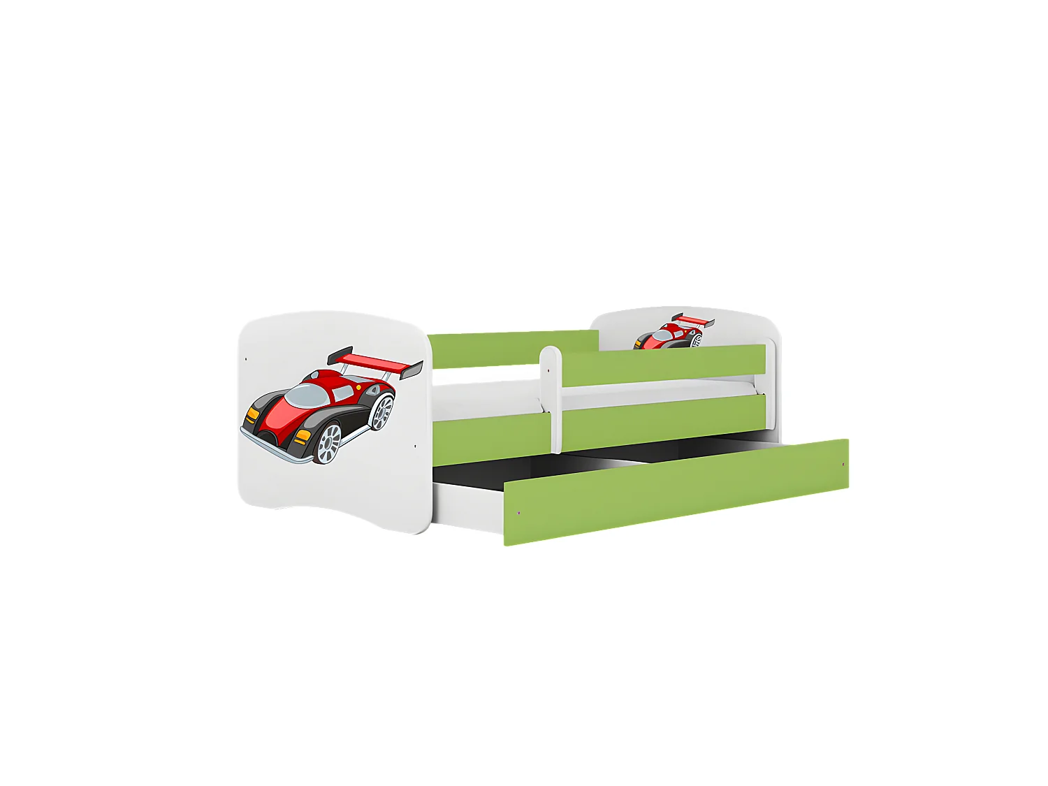 Cama de coche de carreras verde babydreams con cajón y colchón 180/80
