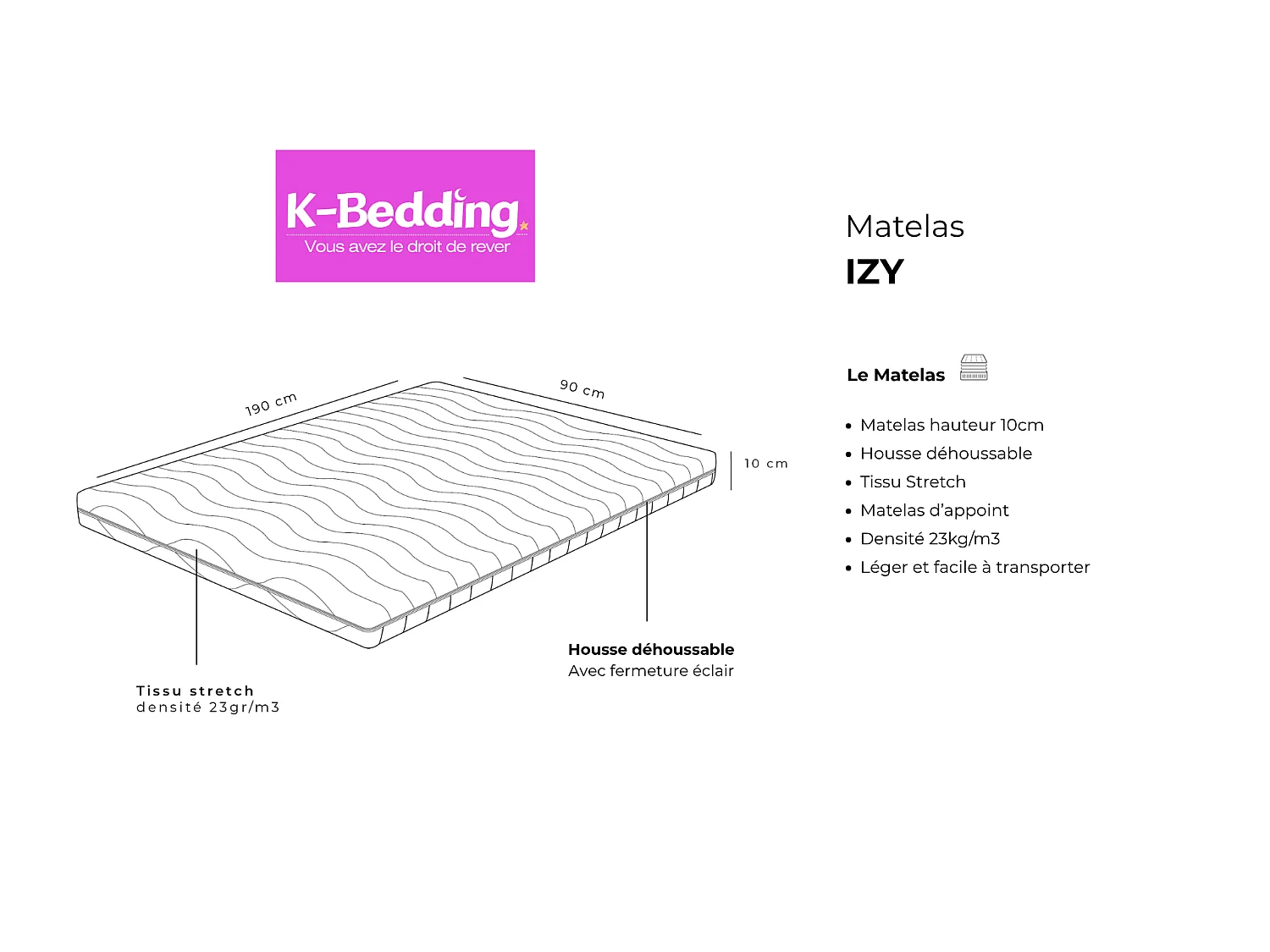 Matelas d’appoint IZY 90x190 cm Mousse Haute Résilience