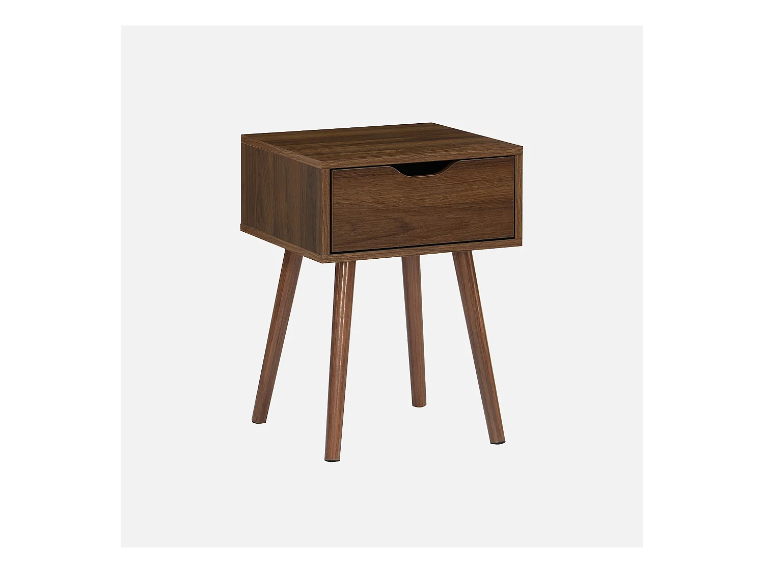 Table de chevet décor bois teinté noyer. 1 tiroir. pieds compas