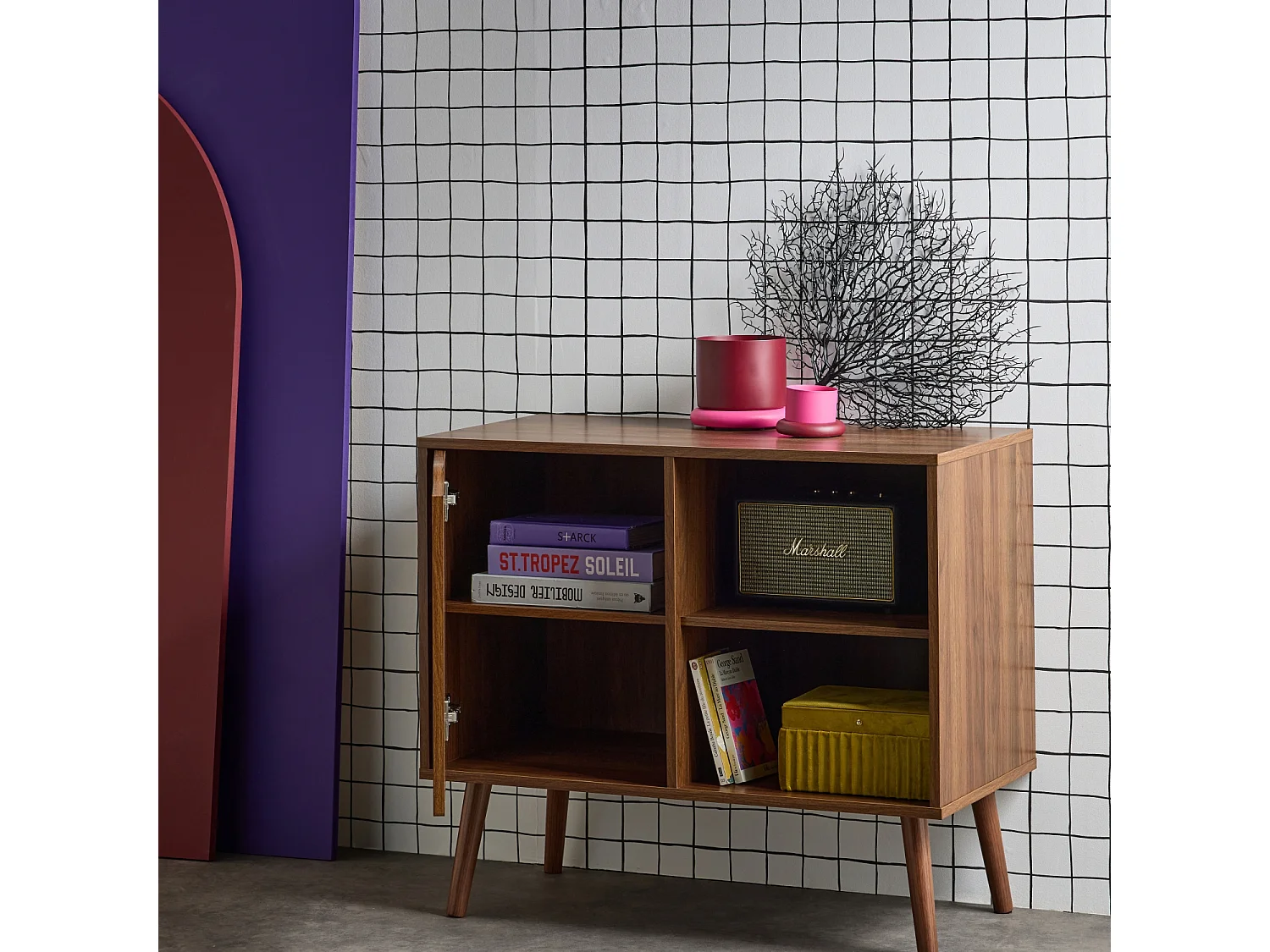 Buffet de rangement effet bois de noyer 1 porte. 2 étagères. buffet bas. 80cm