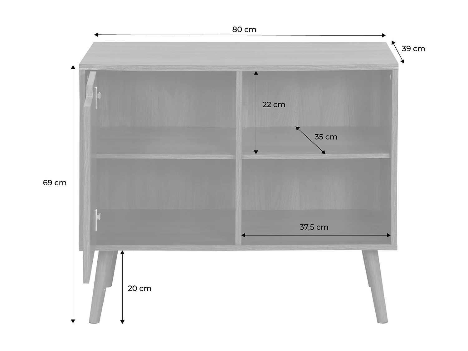 Buffet de rangement effet bois de noyer 1 porte. 2 étagères. buffet bas. 80cm