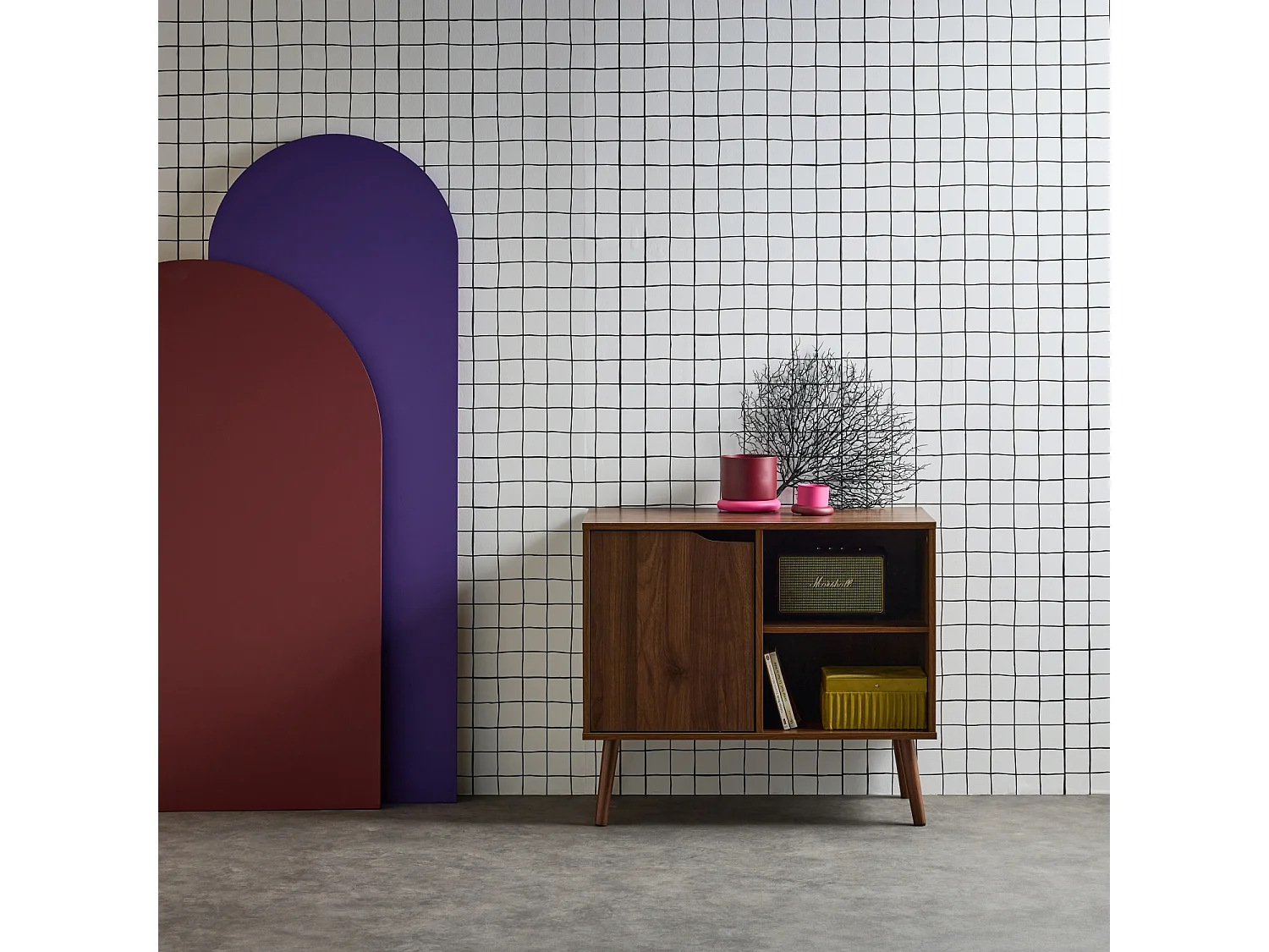 Buffet de rangement effet bois de noyer 1 porte. 2 étagères. buffet bas. 80cm